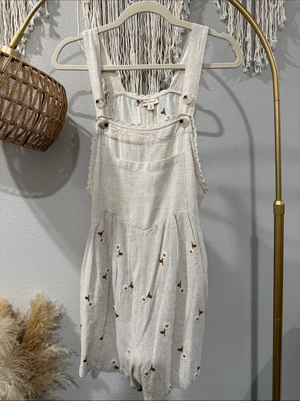 Hem & Thread Cream Floral Embroidered Linen Romper